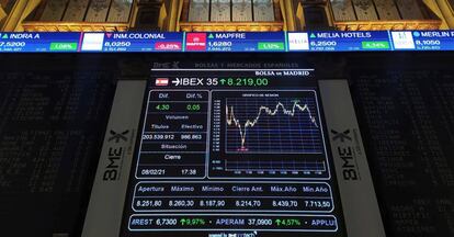 Un panel muestra la evolución del IBEX 35 en el interior de la Bolsa de Madrid