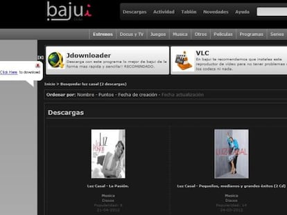 Dos enlaces a la descarga de discos de Luz Casal en la p&aacute;gina web &#039;bajui.com&#039;.