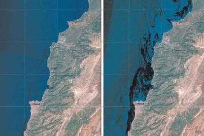 Imágenes de la costa de Líbano obtenidas por el satélite <i>Landsat.</i> A la izquierda, al comienzo de los bombardeos, el 21 de julio. A la derecha, el 3 de agosto.