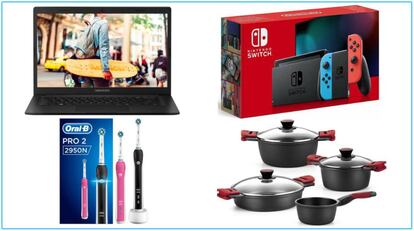 De izquierda a derecha y de arriba a abajo: Portátil Medion, Nintendo Switch, Cepillo dental Oral-B Pro y set de batería de cocina BRA Premiere.