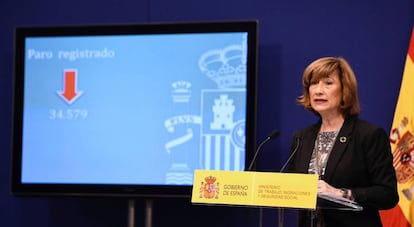 La secretaria de Estado de Empleo, Yolanda Valdeolivas, presenta los datos del paro y la afiliación a la Seguridad Social de diciembre, en Madrid, este viernes.