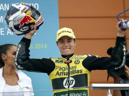 Maverick Viñales, en el podio del gran premio de Aragón, donde logró su segunda victoria del año.