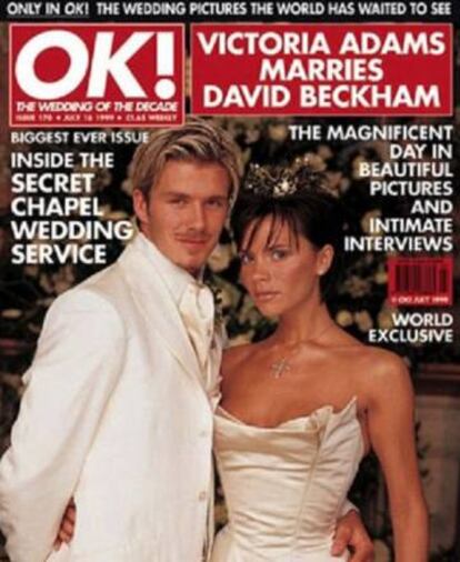 La boda de David y Victoria Beckham en 1999 en la portada de la revista &#039;OK!&#039;.