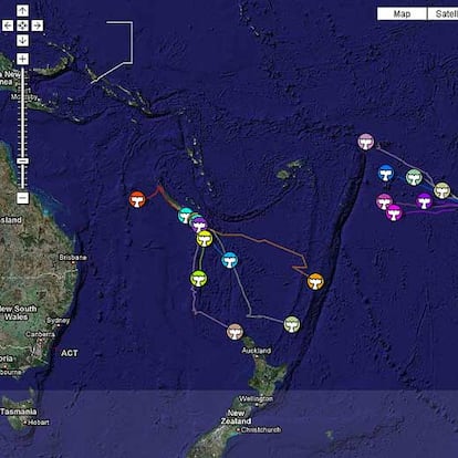 Mapa de Google con la ruta de las ballenas, según Greenpeace.