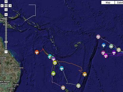 Mapa de Google con la ruta de las ballenas, según Greenpeace.