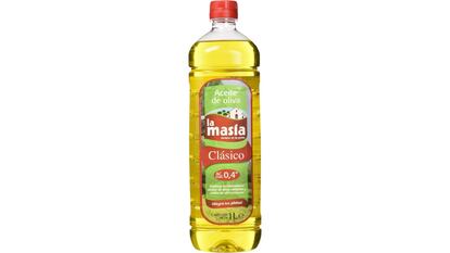 Botella de litro de aceite de oliva virgen extra suave de La Masía, con una acidez máxima de 0,4º.