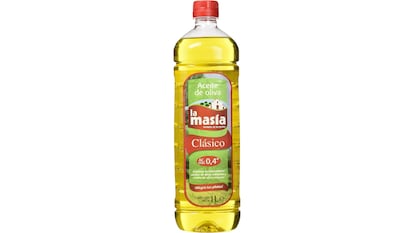 Botella de litro de aceite de oliva virgen extra suave de La Masía, con una acidez máxima de 0,4º.