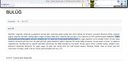 Captura de pantalla de una copia caché de la polémica entrada del Diccionario de Conceptos Religiosos de la Diyanet de Turquía en el que afirma que la pubertad comienza a los 12 años en los chicos y a los 9 en las chicas (subrayado) y que a partir de esa edad pueden contraer matrimonio y la mujer quedar embarazada.