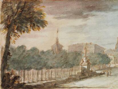 Paseo del Prado y Paseo de Recoletos (1790), dibujo de Antonio González Velázquez.