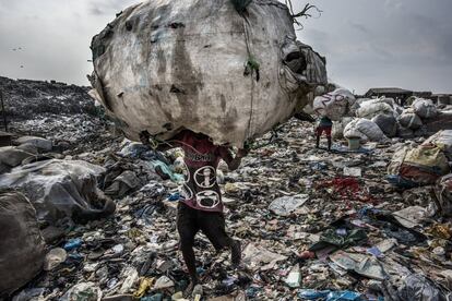 La imatge captada pel fotògraf Kadir van Lohuizen, guanyador del premi de la categoria Medi ambient (sèrie). La foto mostra un home mentre carrega un enorme fardell d'ampolles recollides per reciclar-les a l'abocador d'Olusosun, a Lagos, Nigèria, el 21 de gener del 2017.