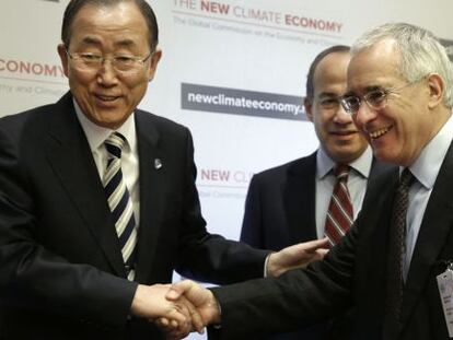 El secretario general de la ONU, Ban Ki-moon, el presidente de M&eacute;xico, Felipe Calder&oacute;n y el profesor Lord Stern.