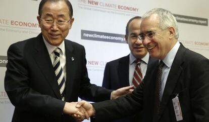 El secretario general de la ONU, Ban Ki-moon, el presidente de M&eacute;xico, Felipe Calder&oacute;n y el profesor Lord Stern.