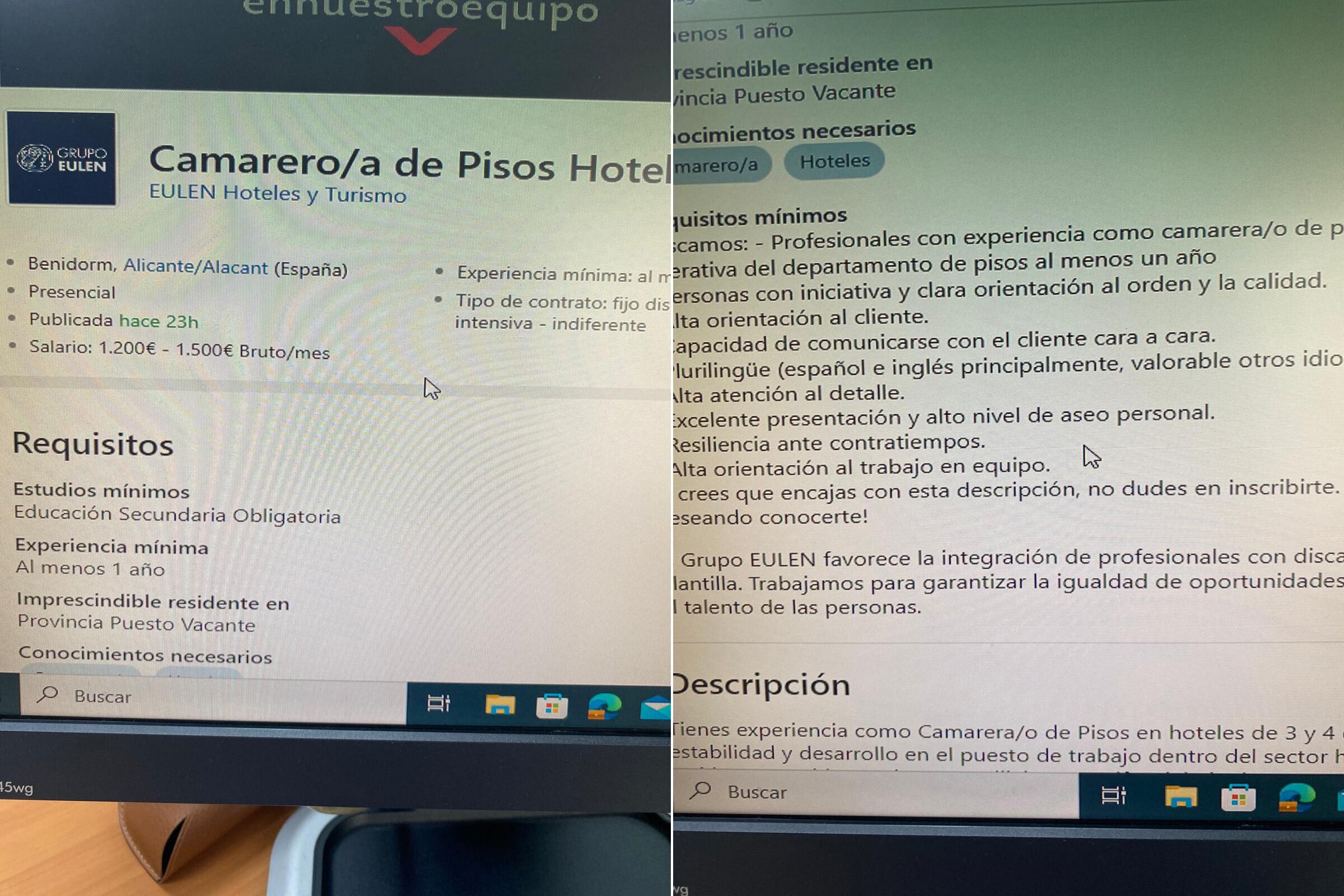 Captura de la pantalla de la oferta de trabajo de Eulen, realizada este martes, antes de ser modificada por la tarde.  