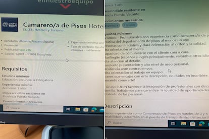 Captura de la pantalla de la oferta de trabajo de Eulen, realizada este martes, antes de ser modificada por la tarde.