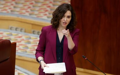 La presidenta de la Comunidad de Madrid, Isabel Díaz Ayuso, el jueves en la Asamblea.