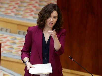 La presidenta de la Comunidad de Madrid, Isabel Díaz Ayuso, el jueves en la Asamblea.