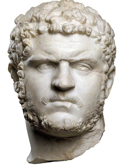 Este rostro de Caracalla antoniniano de Roma( 215 d.C.) sirve de cartel a la exposición. Gabinete Numismático, MNAC.