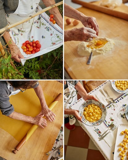 Maria Argnani in her vegetable garden and making her ‘capelletti in brodo,’ a cheese-filled pasta cooked in ‘romagnola’ chicken broth. 