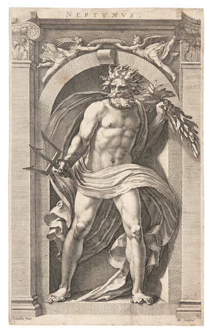 Hendrick Goltzius, 'Neptuno', siglo XVI. Aguafuerte