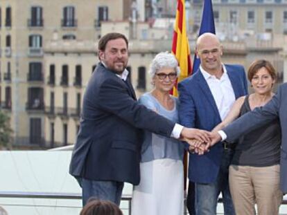 Left to right, Junts pel si leaders Oriol Junqueras, Muriel Casals, Raül Romeva, Carme Forcadell and Artur Mas