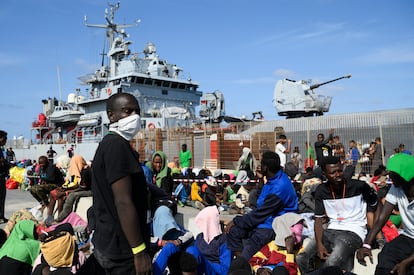 Migrants wait to be transferred from Lampedusa Island, Italy, Friday, Sept. 15, 2023