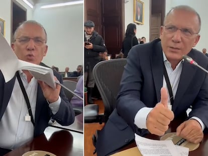El senador Roy Barrera rompe la propuesta de reforma política del gobierno de Gustavo Petro, este jueves en Bogotá.