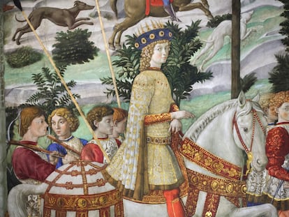 Detalle del fresco de Benozzo Gozzoli que retrata a Lorenzo de Medici a caballo de capillade los Reyes Mayos en el Palazzo Medici Riccardi en Florencia.