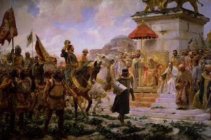 Pintura de Jos&eacute; Moreno Carbonero realizada en 1888 que representa la entrada de Roger de Flor en Constantinolla con sus almog&aacute;vares.