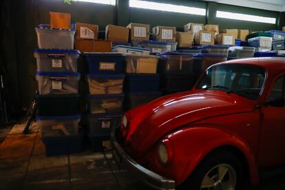 Boxes with files and information from 'El Periódico' remain in the garage of journalist José Rubén Zamora, at his home in Guatemala City, on October 31, 2024.

