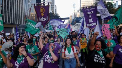 Manifestación en São Paulo (Brasil) contra el proyecto de ley que equipara aborto con homicidio, el pasado 22 de junio.