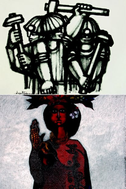 Arriba, la obra <i>Mineros</i> (2002), de Juan Manuel Sánchez. Abajo <i>Madre tierra</i> (2010), de Miguel Carini.