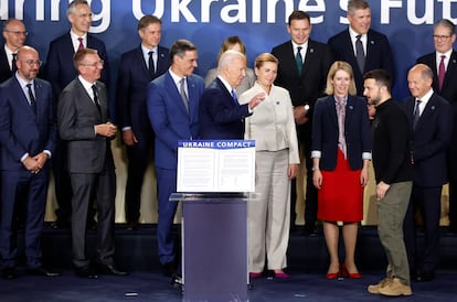 Joe Biden, durante la reunión de la OTAN en Washington, el pasado 11 de julio, en presencia de varios líderes, Pedro Sánchez, el presidente español, entre ellos.