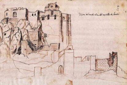 Dibujo de Peridis del castillo de Loarre, en Huesca, extraída del portal www.romanicodigital.com.