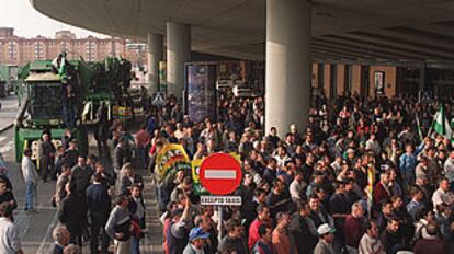Miles de personas se concentraban ayer frente a la estación del AVE de Sevilla en protesta por la falta de acuerdo en la norma del algodón.
