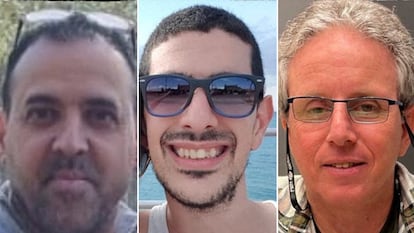 Los nuevos rehenes que serán liberados por Hamás, desde la izquierda, Eli Sharabi, Or Levy y Ohad Ben Ami.