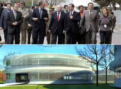 Arriba, Bernabé, Camps, Moratinos, Alonso, Pla y Pajín, ayer, antes del acto de presentación de la base de la ONU en Quart de Poblet. Abajo, figuración de uno de los edificios del futuro centro de Naciones Unidas.