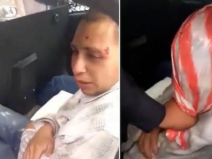 A la izquierda, el detenido siendo interrogado por un agente de policía, en Ciudad de México. A la derecha, el oficial ahoga al sospechoso con una bolsa plástica.