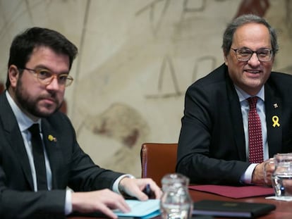 El presidente de la Generalitat, Quim Torra, junto con el vicepresidente Pere Aragonès. 
