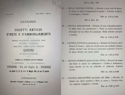 A la derecha, el catálogo de la subasta de 1914 en la que se vendió el cuadro. A la izquierda, la referencia a Lavinia Fontana.