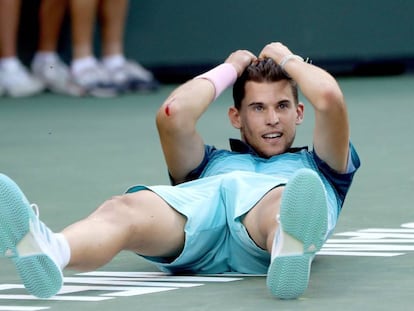 Thiem celebra su victoria contra Federer en Indian Wells.