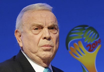 José Maria Marin durante coletiva de imprensa na Copa do Mundo de 2014.