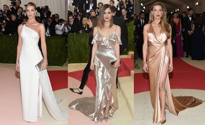 De izquierda a derecha: Rosie Huntington, Rose Byrne y Amber Heard, vestidas de Ralph Lauren en la gala del Met de 2016.