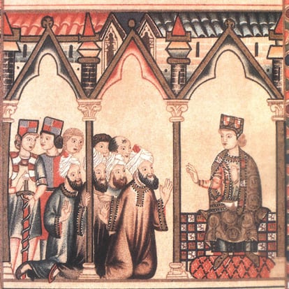 Alfonso X el Sabio dialoga con médicos árabes en una imagen sacada del libro 'La Medicina en Al Andalus'.