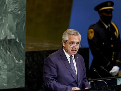 El presidente argentino, Alberto Fernández, en la Asamblea General de Naciones Unidas este martes en Nueva York.