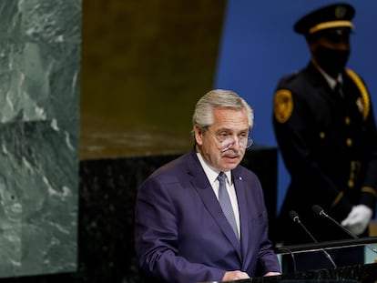 presidente argentino, Alberto Fernández, en la Asamblea General de Naciones Unidas este martes en Nueva York.
