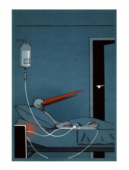 Cegonha conectada à morfina na cama de um hospital. O ilustrador Jean-François Martin trabalha habitualmente com Le Monde, The Guardian e The New York Times.