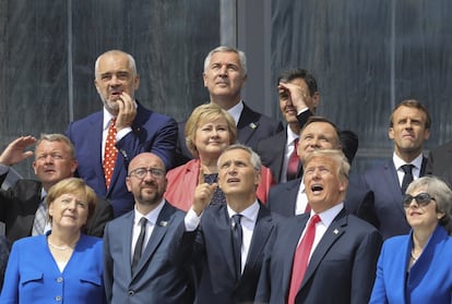 Theresa May participa en la ceremonia del Tratado Atlántico Norte, en Bruselas el 11 de julio de 2018.
