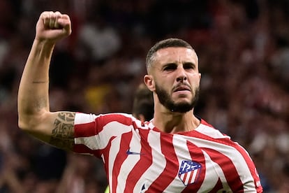 Mario Hermoso celebra el gol del Atlético de Madrid. 