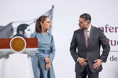 Claudia Sheinbaum y Omar García Harfuch en Ciudad de México, en marzo de 2025.