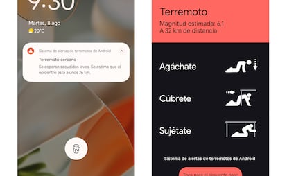 This is how Android phones display the danger notification (on the left, for light tremors) and the alert to take action (on the right, for moderate and strong earthquakes).